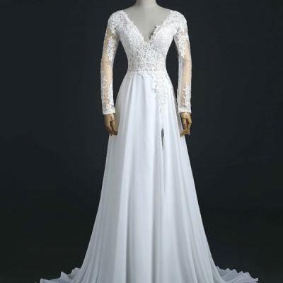V-neck Long Sleeve A-line Wedding Dress with Lace Appliqués