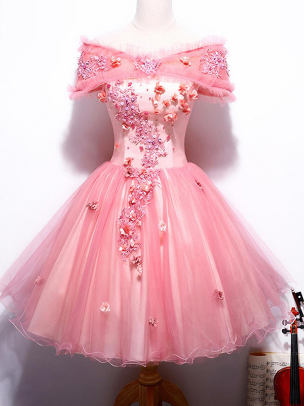 Short Tulle Homecoming Dress, Applique V-Neck Junior School Dress, V-Back Homecoming Dress, LB0469