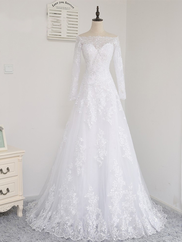 Long Wedding Dress, Lace Wedding Dress, Off Shoulder Wedding Dress, Long Sleeve Bridal Dress, Charming Wedding Dress, Applique And Sequin Wedding