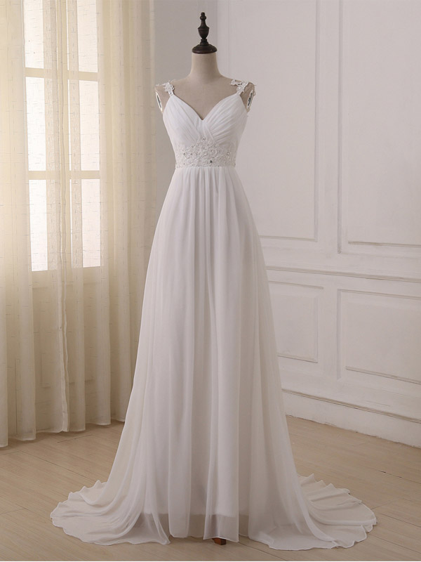 Chiffon Plunge V Lace Shoulder Straps Floor Length A-line Wedding Dress Featuring Beaded Embellishment , Lace-up Back And Sweep Train