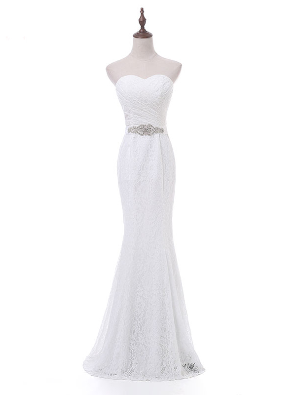 Custom Made White Sweetheart Neckline Draped Bodice Crystal Embellished Lace Mermaid Wedding Dress, Prom Dresses, Evening Wear