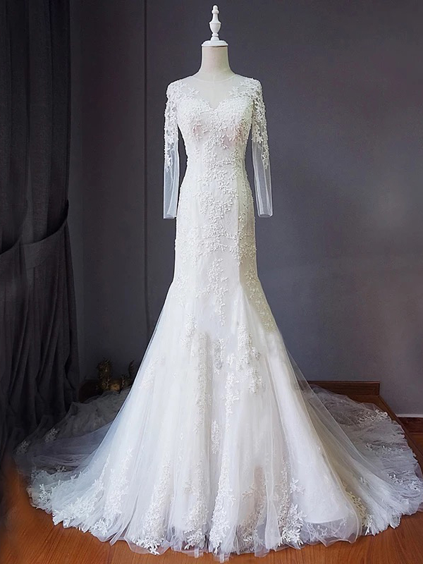 Floral Lace Appliques Crew Neck Long Mesh Sleeves Floor Length Tulle Mermaid Wedding Dress Featuring Lace-up Back And Train