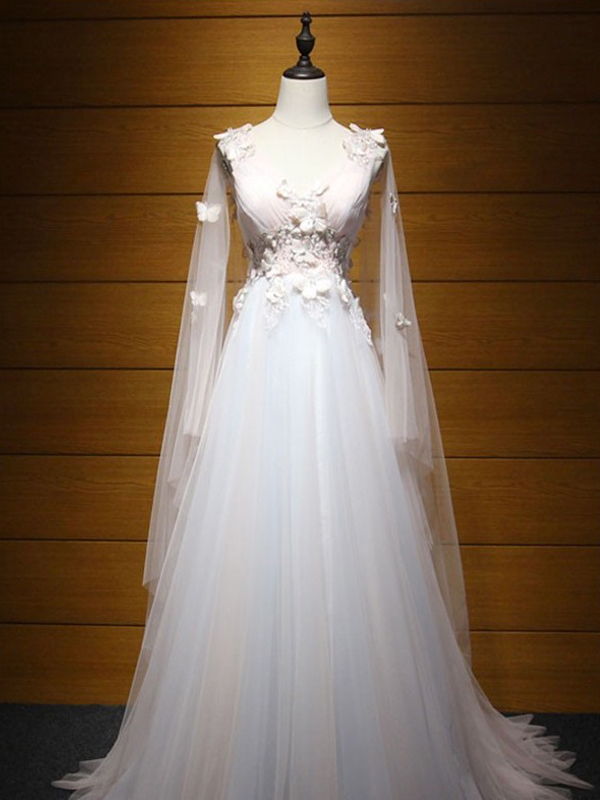 Long Wedding Dress, Tulle Wedding Dress, A-line Bridal Dress, Sleeveless Wedding Dress, V-back Wedding Dress, Beautiful Wedding Dress, Applique