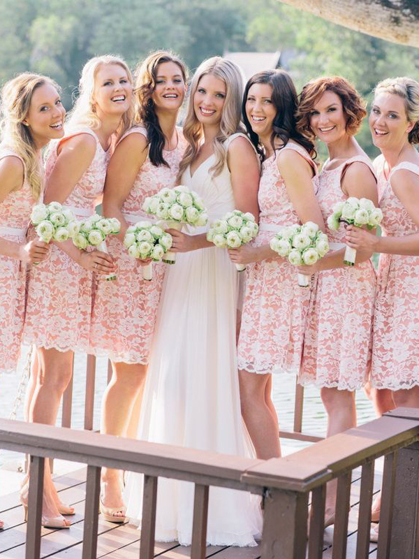 Custom Made Light Pink Lace Knee Length Bridesmaid Dress