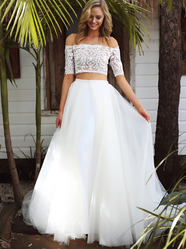 Long Wedding Dress, Detachable Wedding Dress, Off Shoulder Wedding Dress,  Short Sleeve Bridal Dress, on Luulla
