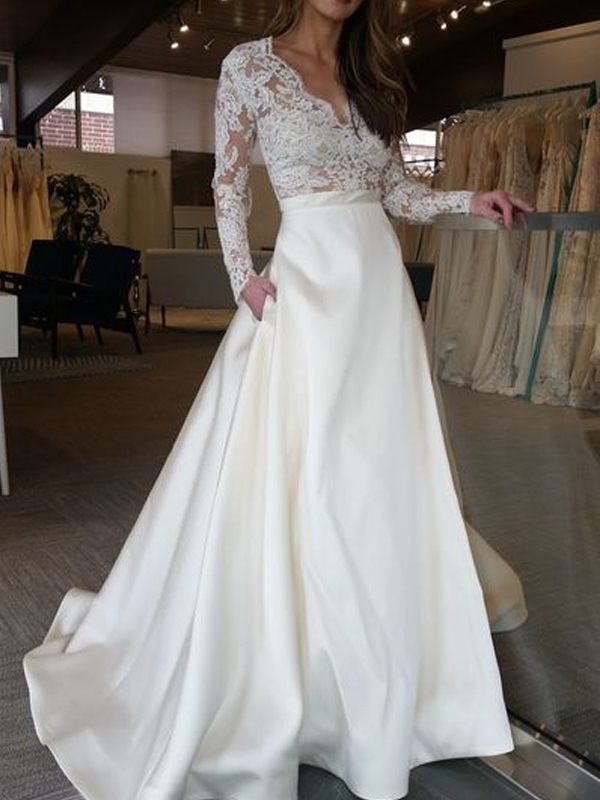Long Wedding Dress, Lace Wedding Dress, Satin Wedding Dress, Elegant Bridal Dress, Long Sleeve Wedding Dress,v-neck Wedding Dress, Lb0843