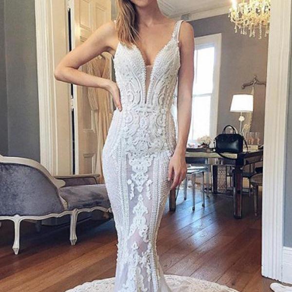 Long Wedding Dress, Lace Wedding Dress, See Through Bridal Dress ...